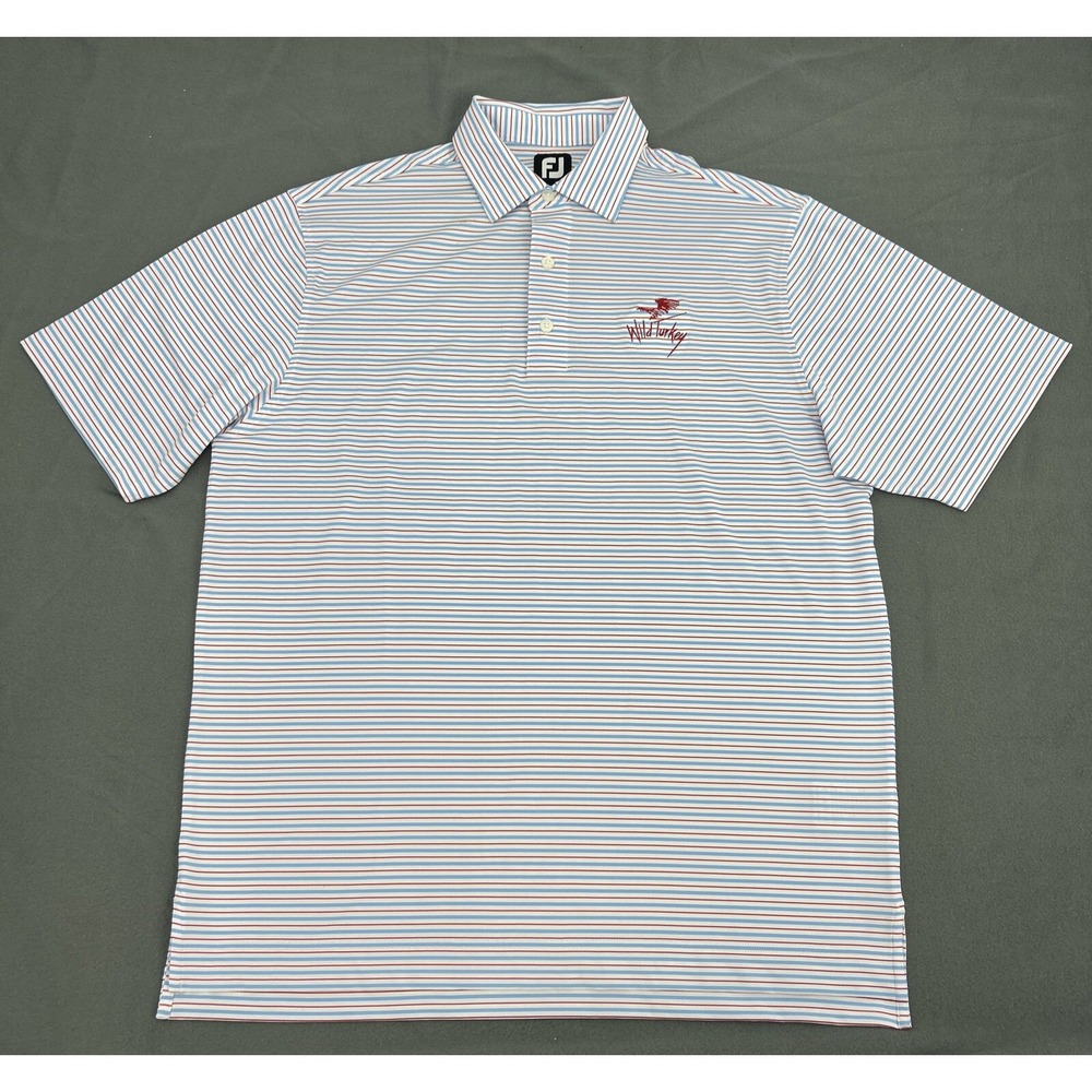 Footjoy Shirt Men's L White Blue Red Stripes Polo Wild‎ Turkey Golf Course NJ